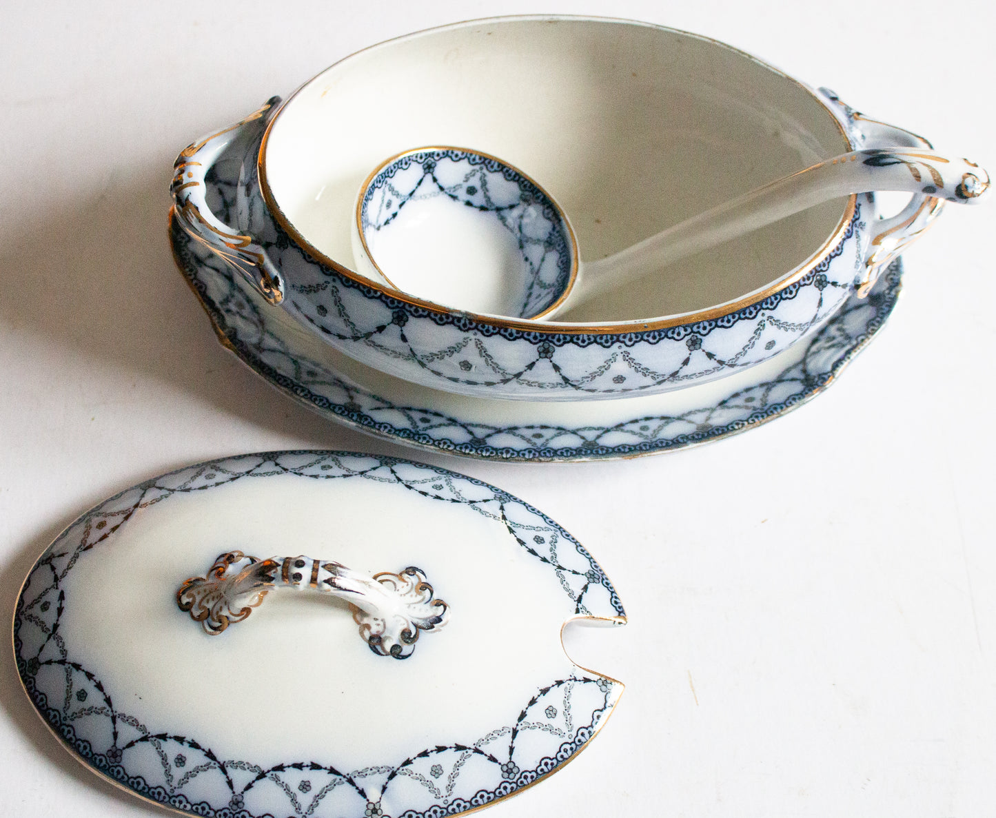 Henry Alcock & Co. Ltd. Semi Porcelain 'Laurel' Pattern Blue and White Transferware  Small Lidded Tureen with Original Ladle and Stand