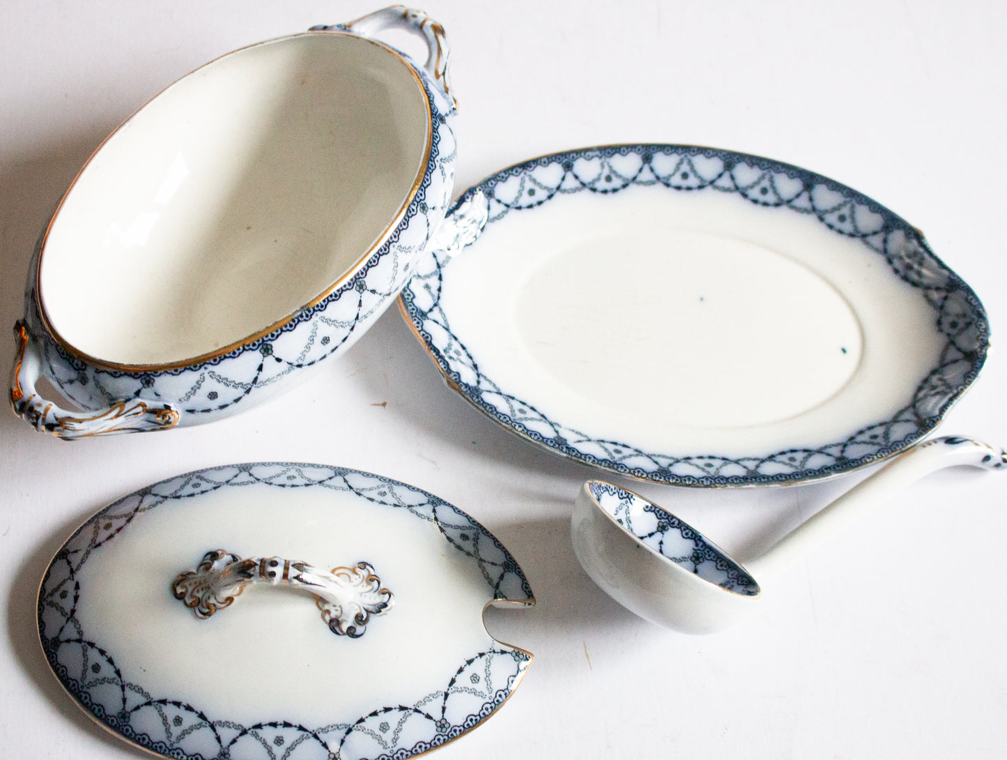 Henry Alcock & Co. Ltd. Semi Porcelain 'Laurel' Pattern Blue and White Transferware  Small Lidded Tureen with Original Ladle and Stand