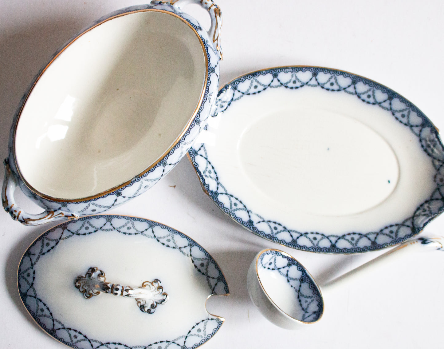 Henry Alcock & Co. Ltd. Semi Porcelain 'Laurel' Pattern Blue and White Transferware  Small Lidded Tureen with Original Ladle and Stand