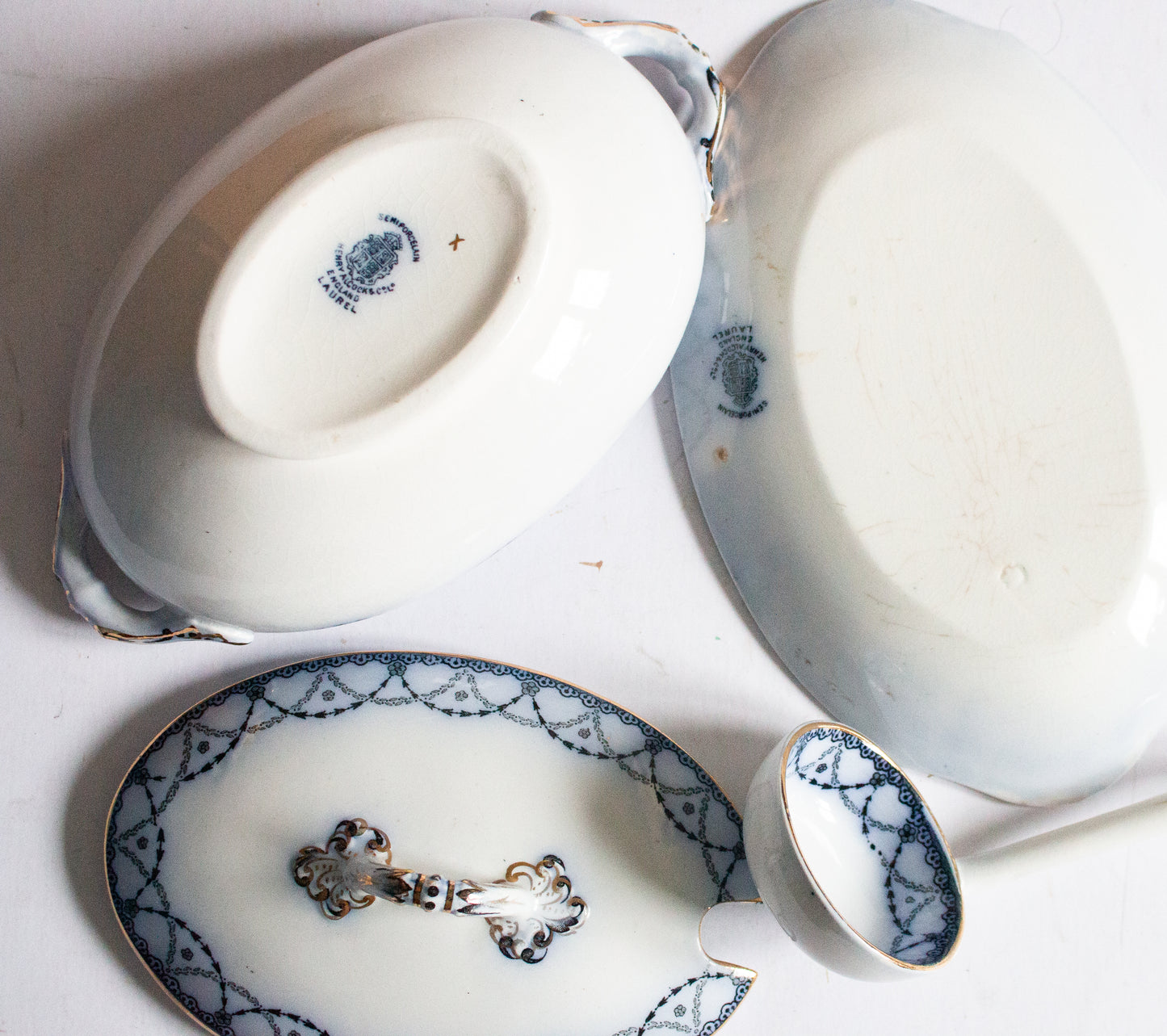 Henry Alcock & Co. Ltd. Semi Porcelain 'Laurel' Pattern Blue and White Transferware  Small Lidded Tureen with Original Ladle and Stand