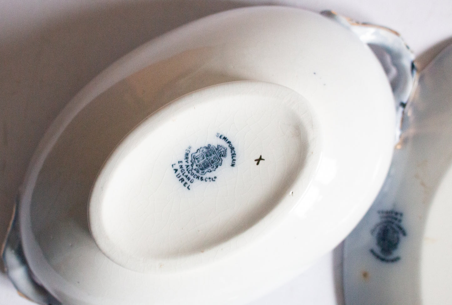 Henry Alcock & Co. Ltd. Semi Porcelain 'Laurel' Pattern Blue and White Transferware  Small Lidded Tureen with Original Ladle and Stand