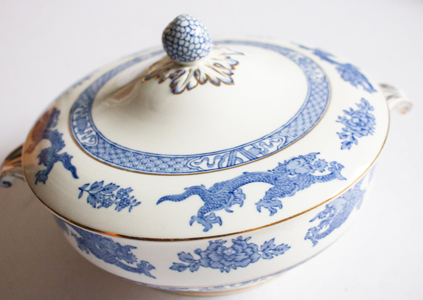 George Jones & Sons  'Dragon' Pattern Blue and White Transferware Lidded Tureen or Serving Dish