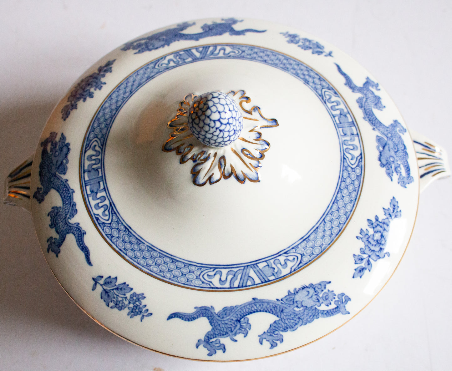George Jones & Sons  'Dragon' Pattern Blue and White Transferware Lidded Tureen or Serving Dish