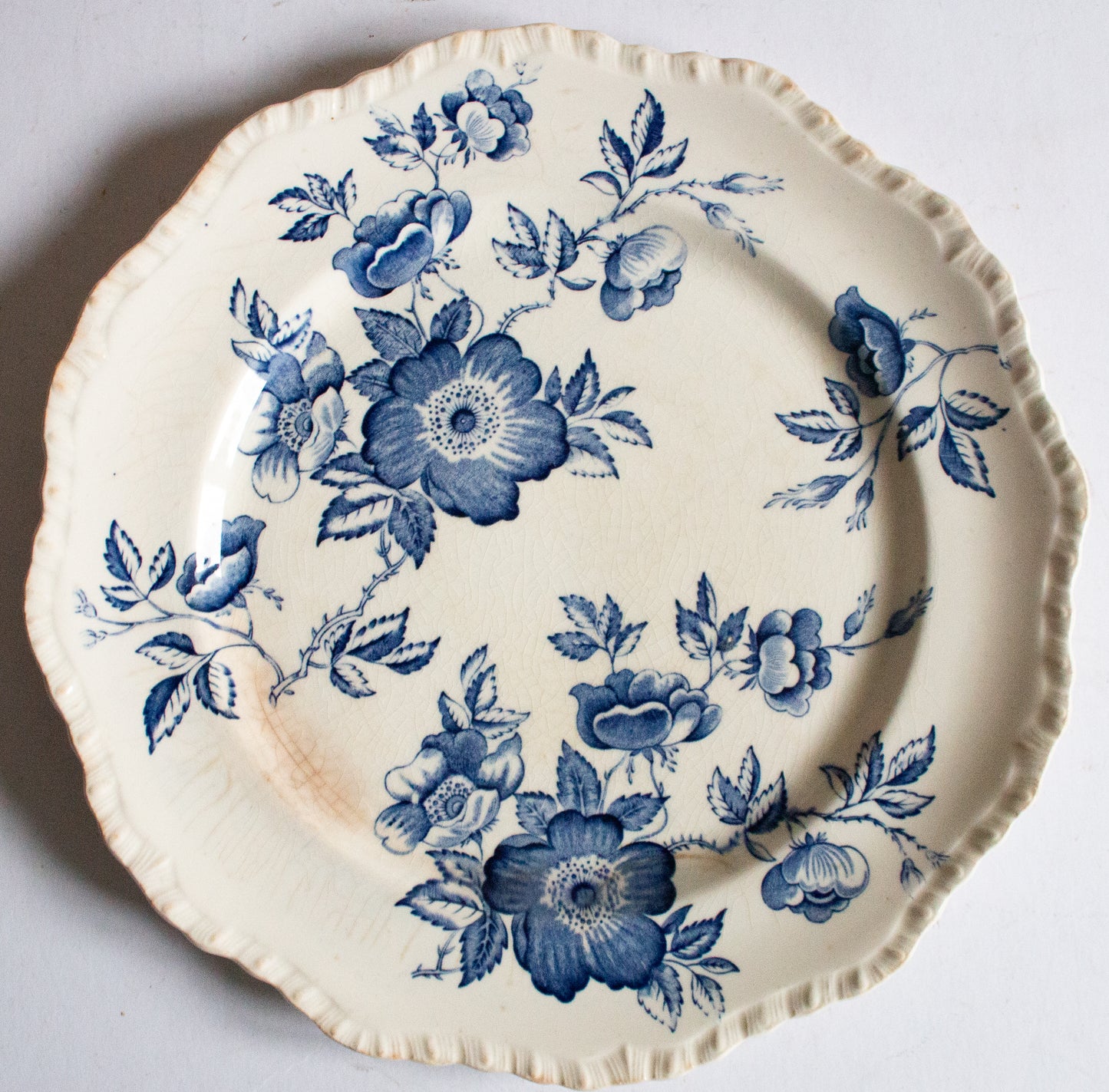 Antique Blue and White Transferware 10.5" Floral Plate