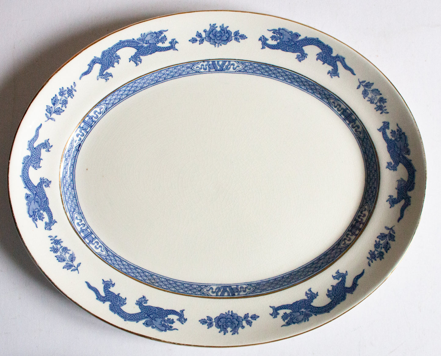 George Jones & Sons  'Dragon' Pattern Blue and White Pattern 14" Blue and White Transferware Serving Platter,