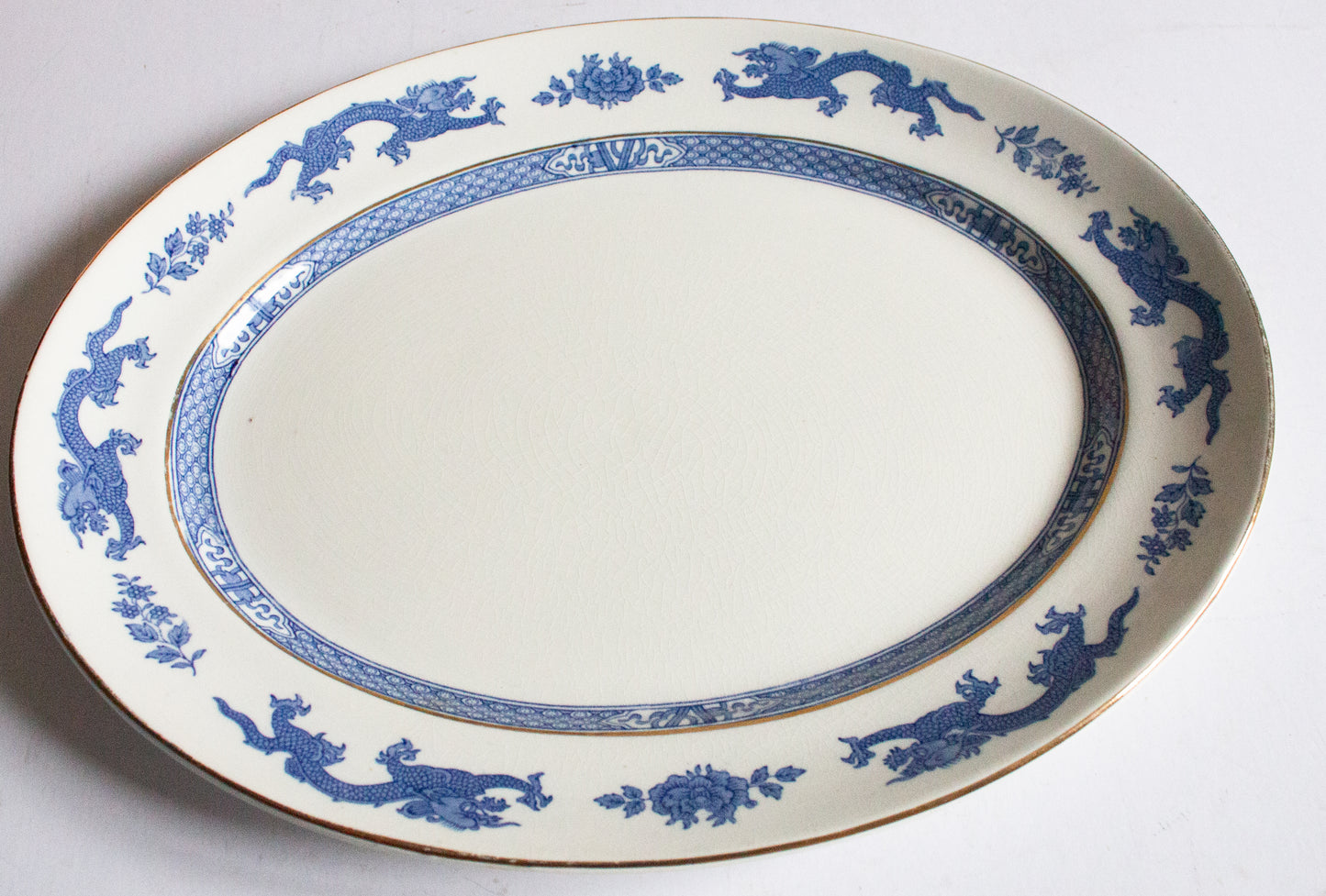 George Jones & Sons  'Dragon' Pattern Blue and White Pattern 14" Blue and White Transferware Serving Platter,