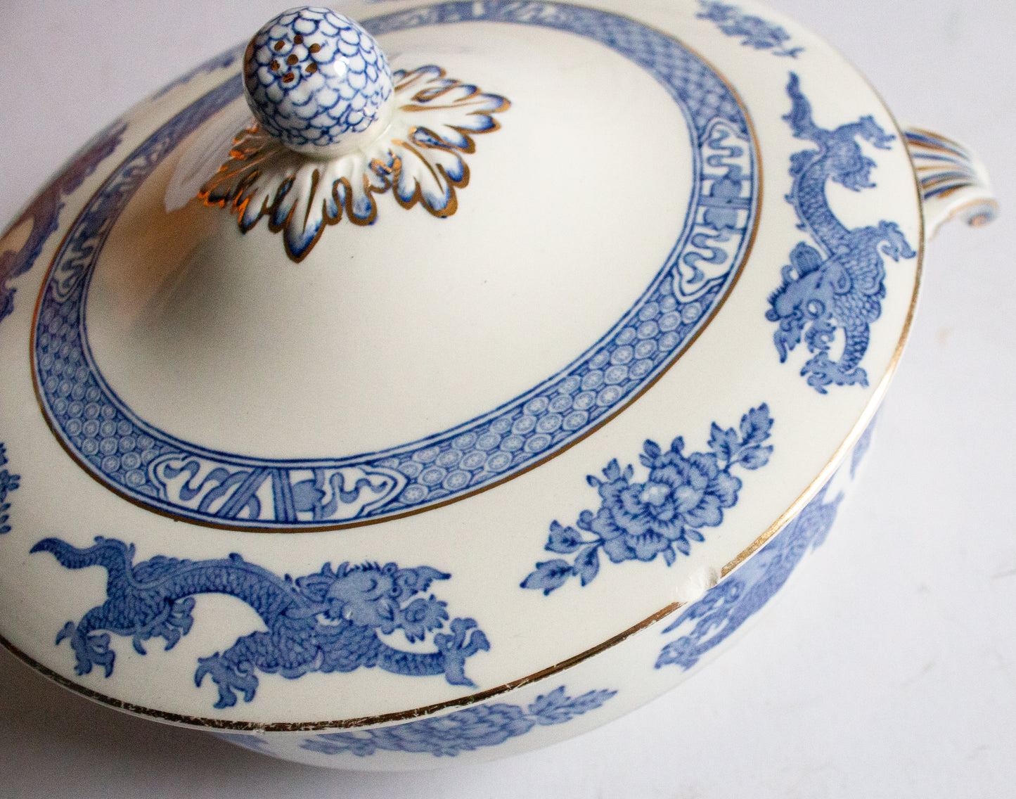 George Jones & Sons  'Dragon' Pattern Blue and White Transferware Lidded Tureen or Serving Dish