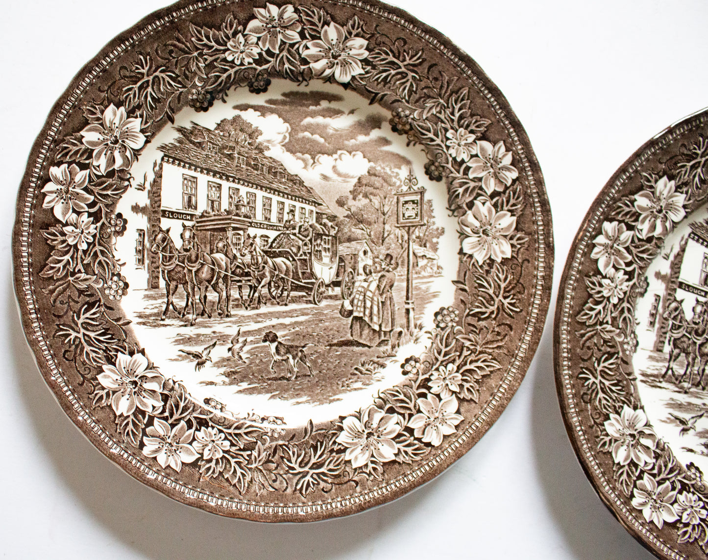 Royal Tudor Ware Staffordshire 'Coaching Taverns' Brown Transferware 10" Dinner Plates (2)