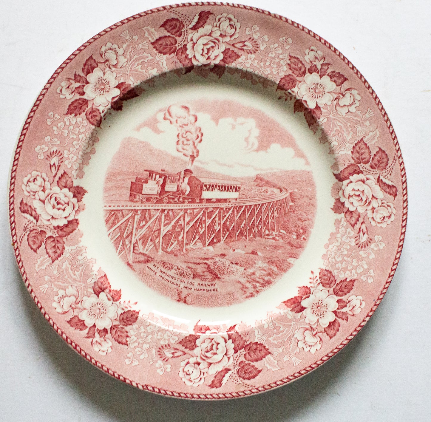 Adams Old English Staffordshire Ware 'Mt. Washington Railway' Red and White Transferware 10" Plate