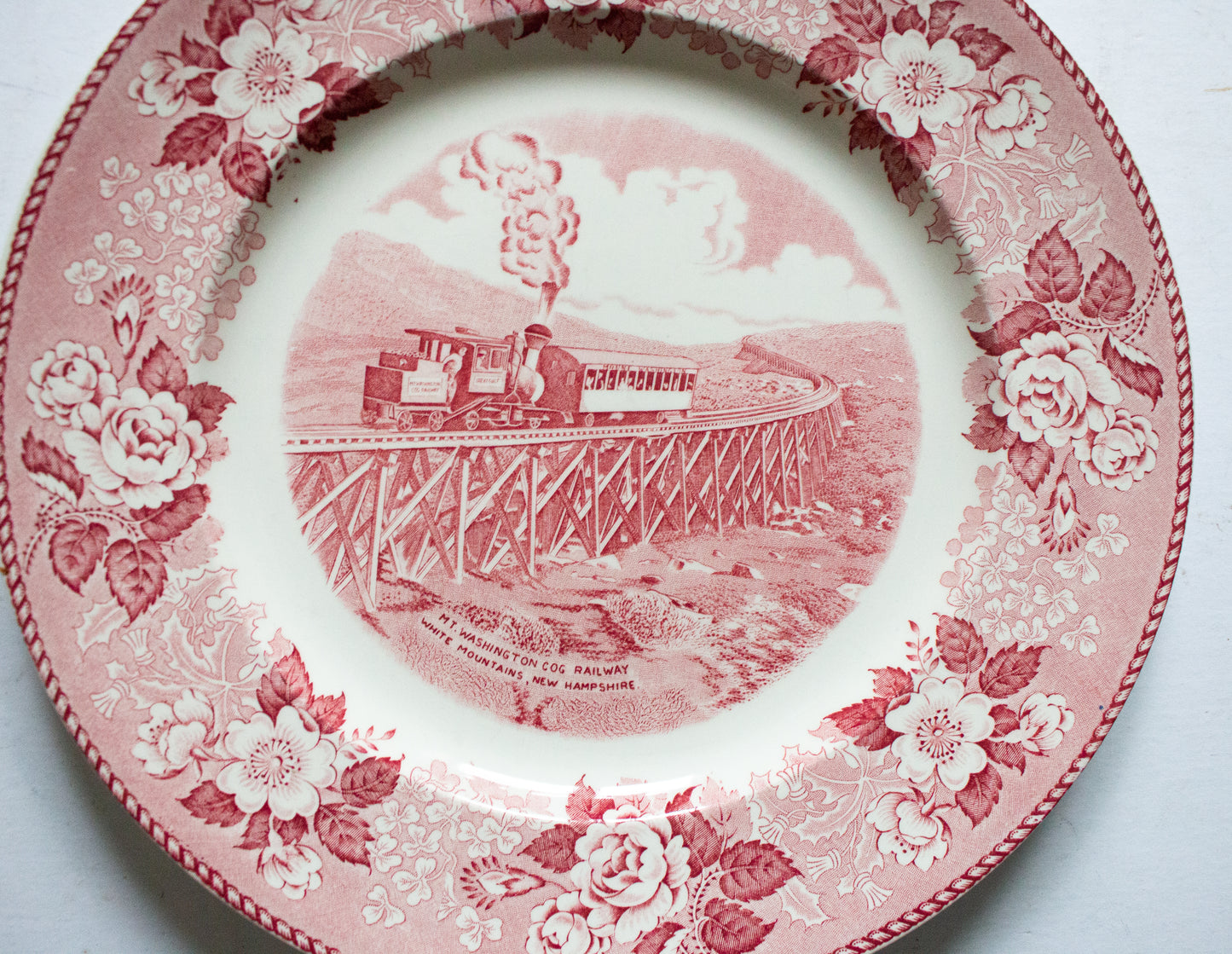 Adams Old English Staffordshire Ware 'Mt. Washington Railway' Red and White Transferware 10" Plate