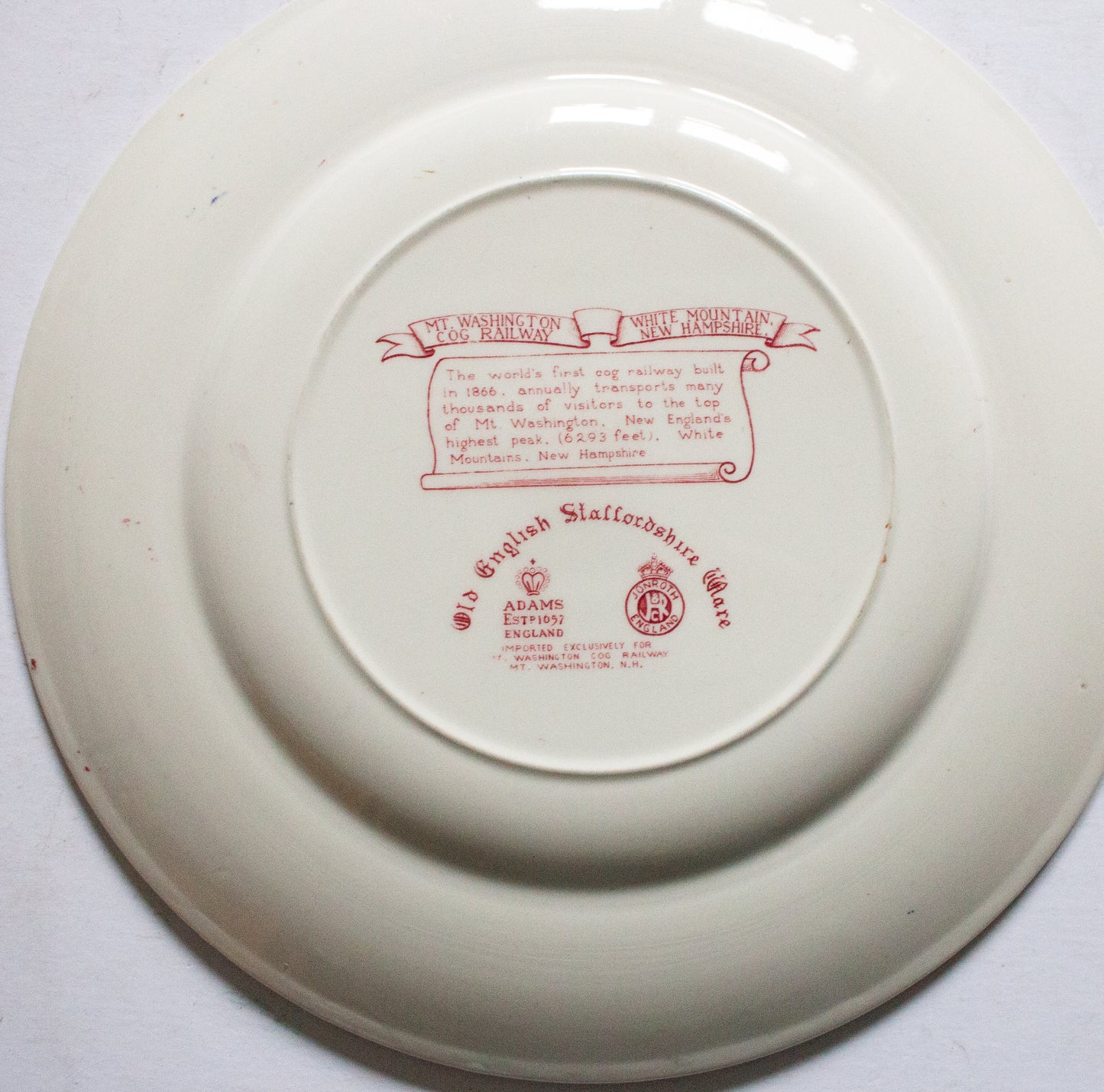 Adams Old English Staffordshire Ware 'Mt. Washington Railway' Red and White Transferware 10" Plate
