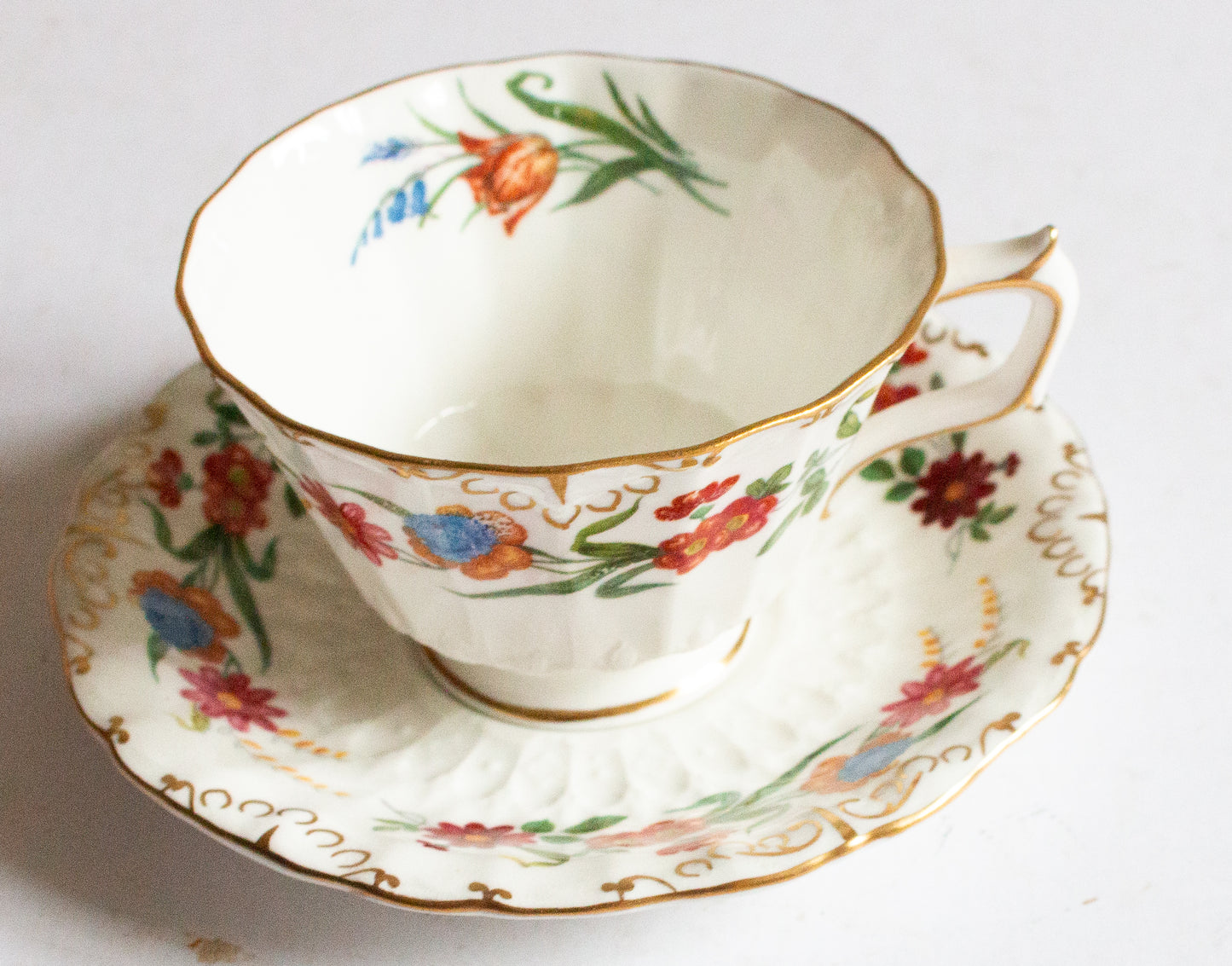 Royal Crown Derby 'Chatsworth' Pattern Floral Teacup and Saucer