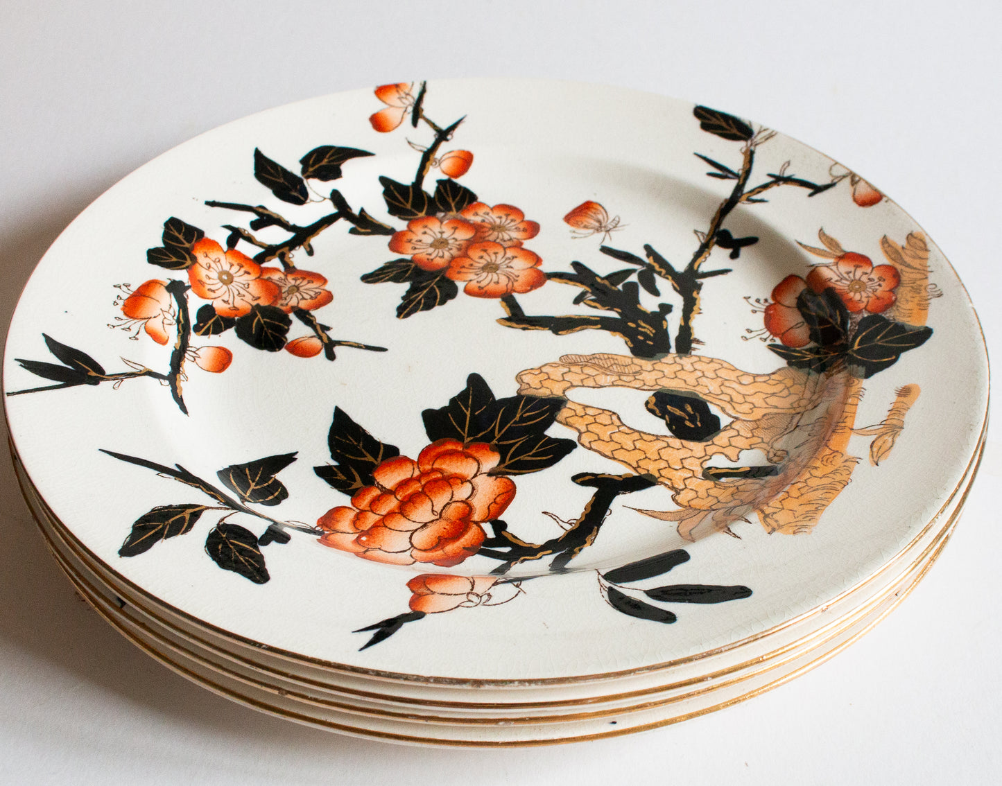 Antique Imari Pattern Black, Orange and Gold Dinner 10.75" Dinner Plates (4)