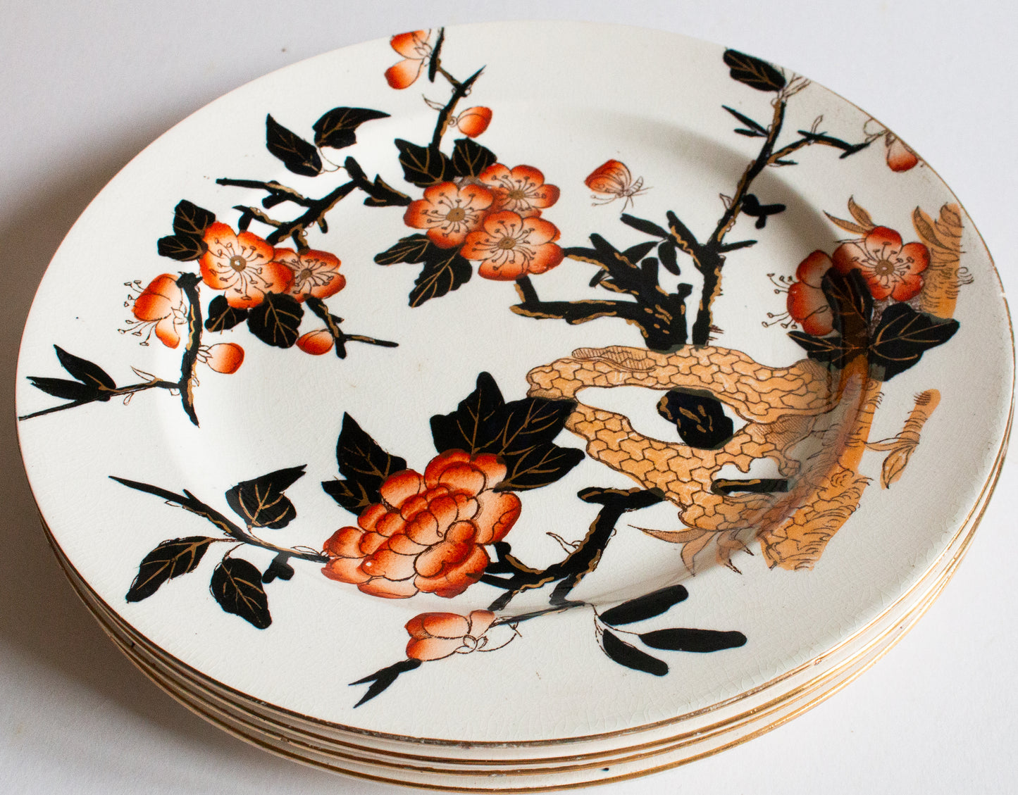 Antique Imari Pattern Black, Orange and Gold Dinner 10.75" Dinner Plates (4)