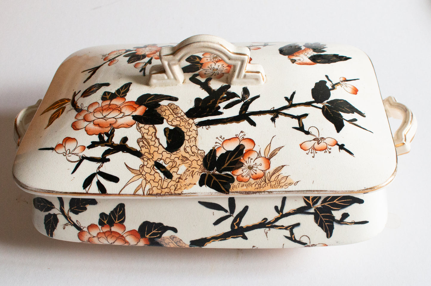 Antique Imari Pattern Black, Orange and Gold Dinner Lidded Rectangular Tureen