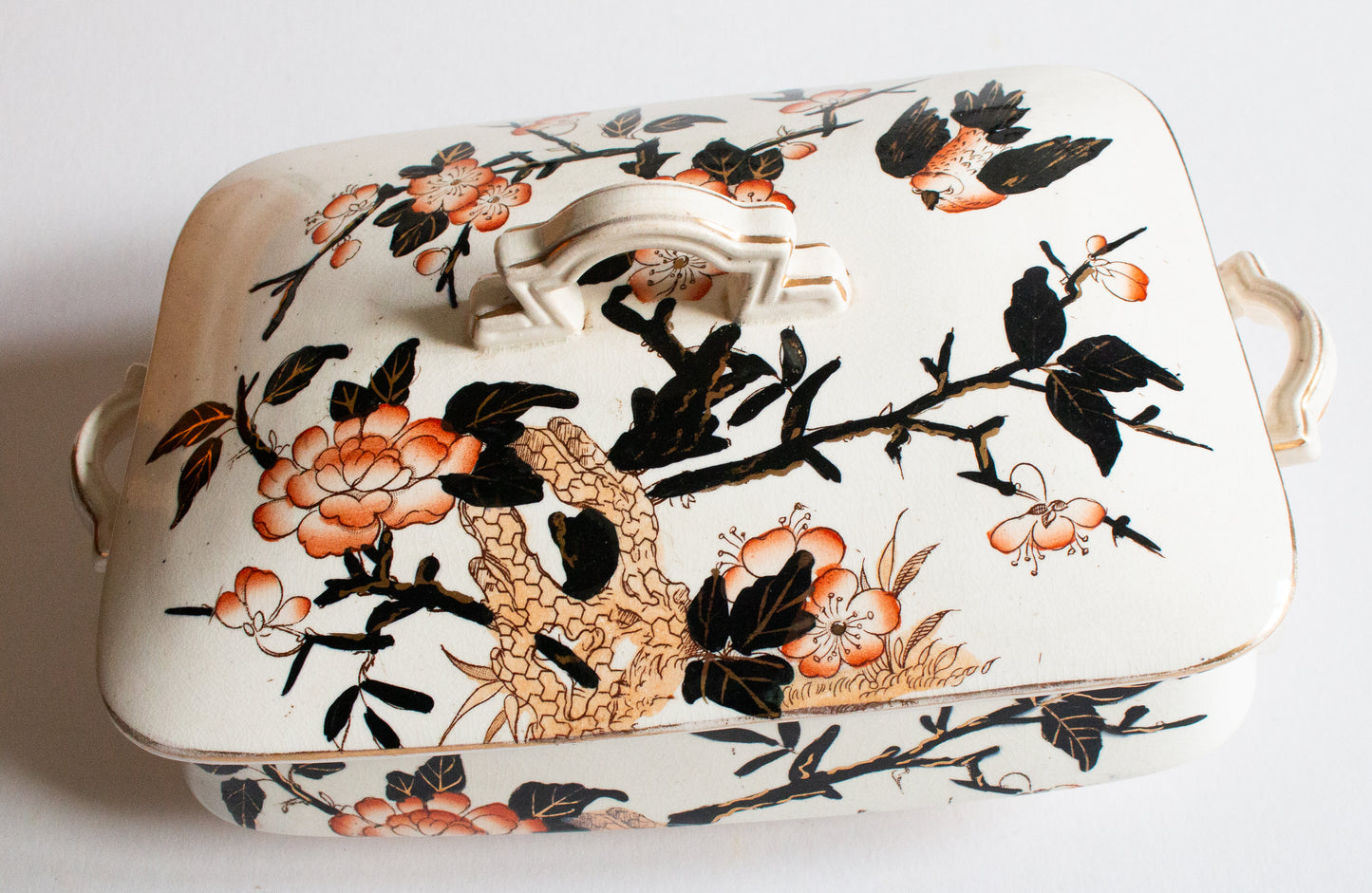 Antique Imari Pattern Black, Orange and Gold Dinner Lidded Rectangular Tureen