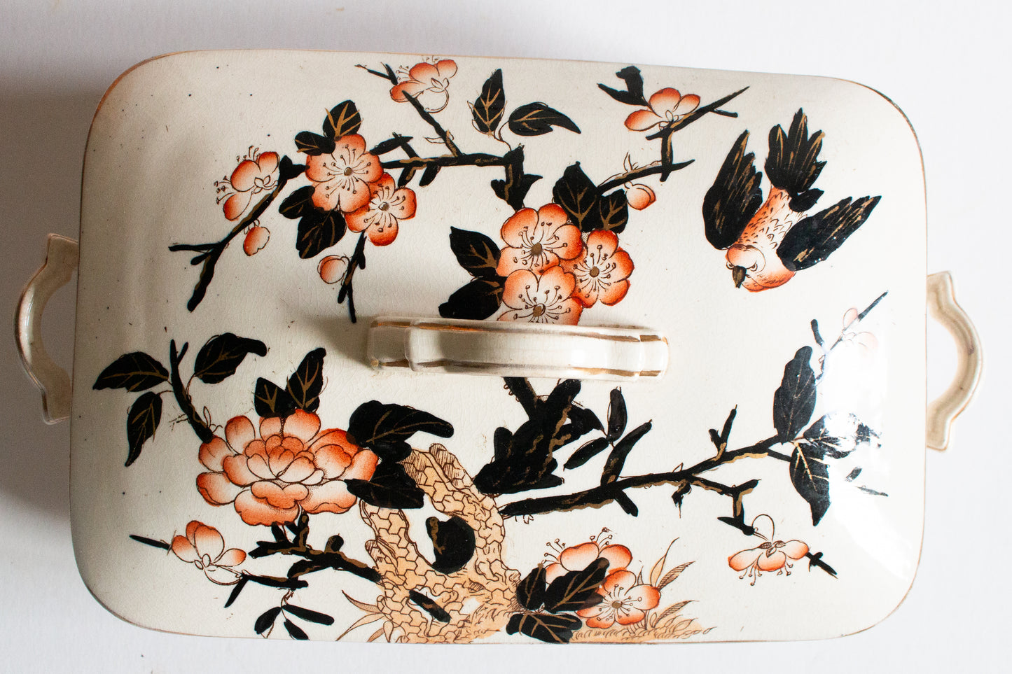 Antique Imari Pattern Black, Orange and Gold Dinner Lidded Rectangular Tureen