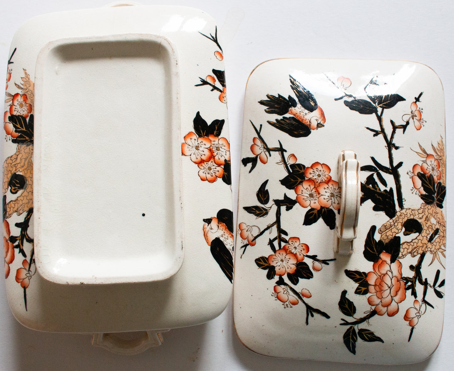 Antique Imari Pattern Black, Orange and Gold Dinner Lidded Rectangular Tureen