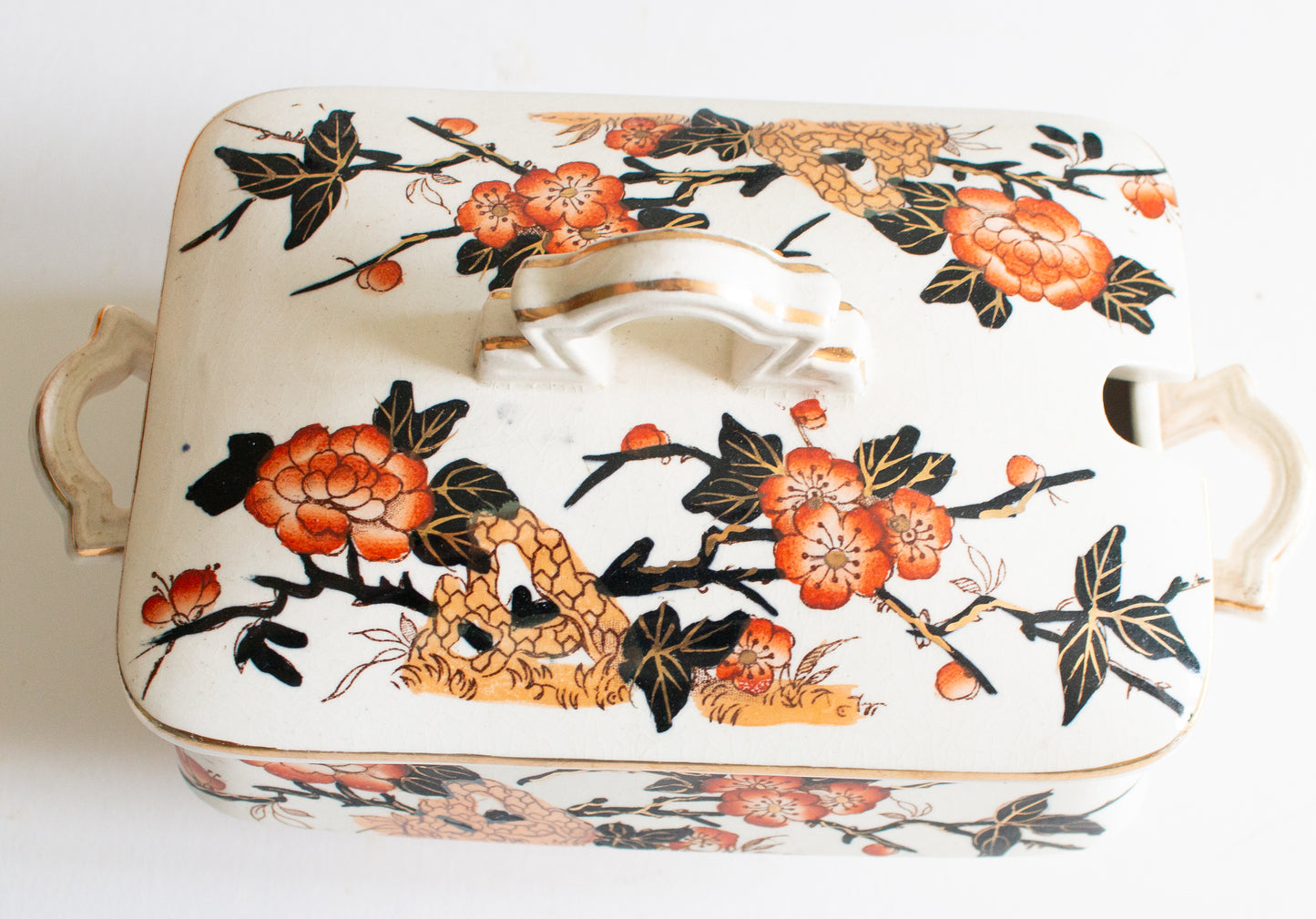 Antique Imari Pattern Blue and Orange Small Lidded Rectangular Tureen