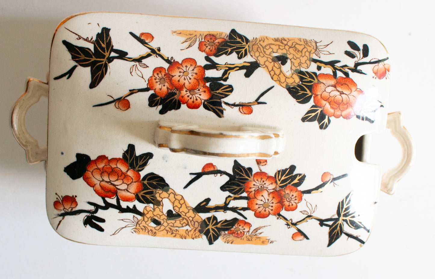 Antique Imari Pattern Blue and Orange Small Lidded Rectangular Tureen