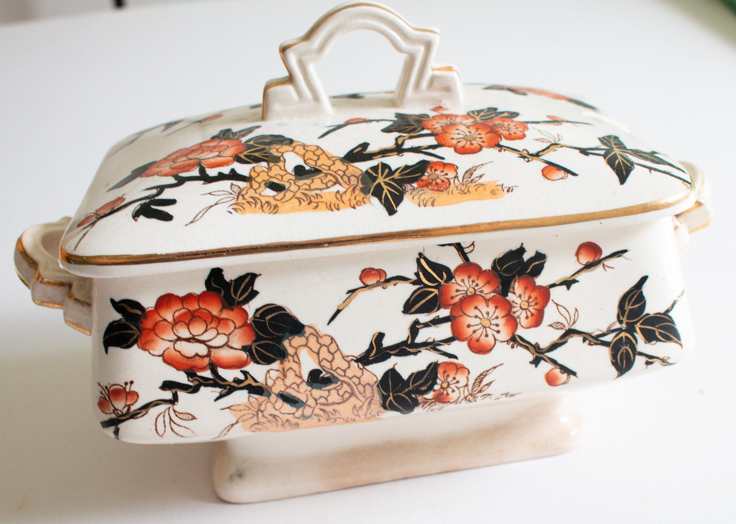 Antique Imari Pattern Blue and Orange Small Lidded Rectangular Tureen