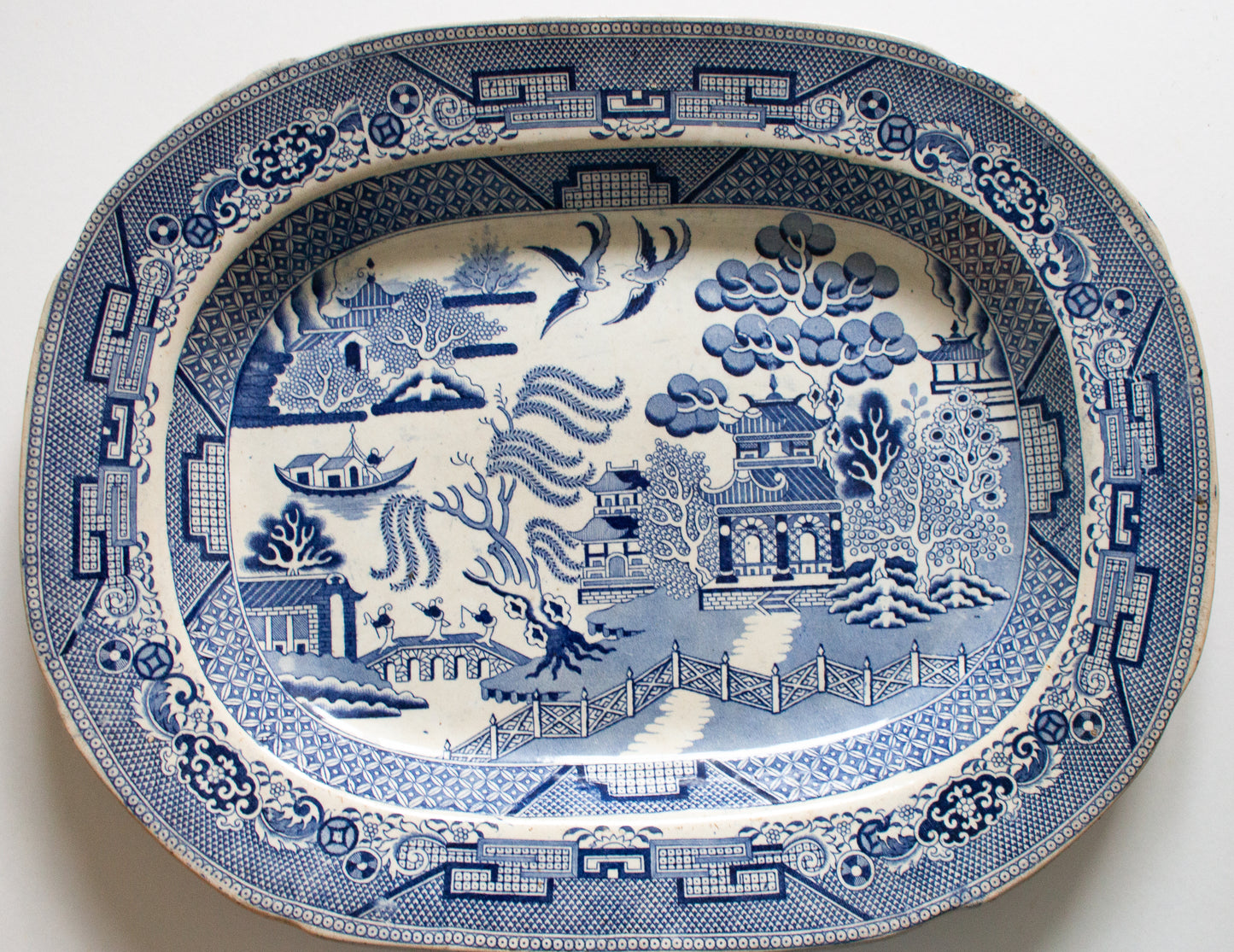 Antique Wood & Brownfield 'Willow' Pattern Blue and White Transferware 15.5" Serving Platter