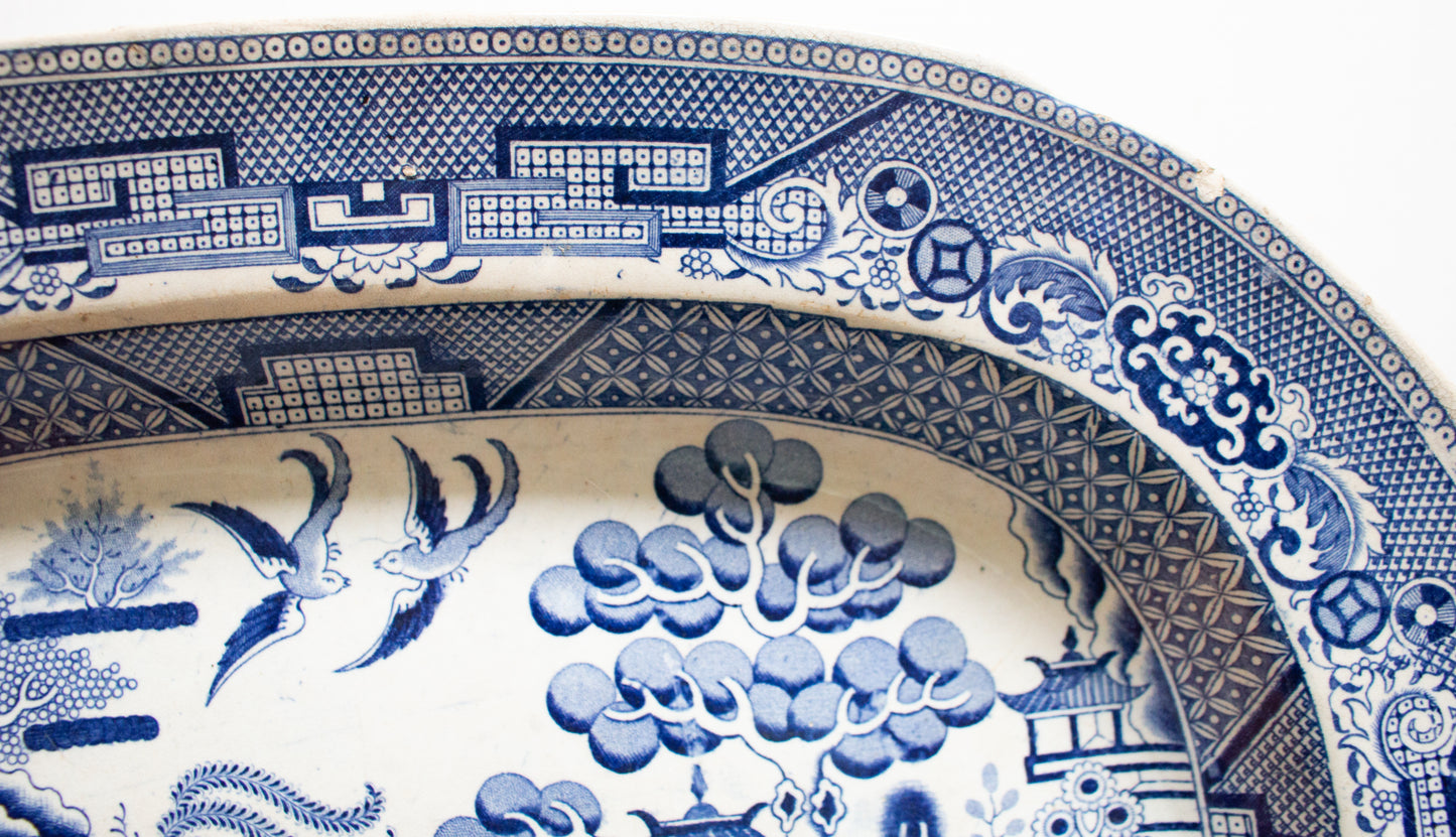 Antique Wood & Brownfield 'Willow' Pattern Blue and White Transferware 15.5" Serving Platter