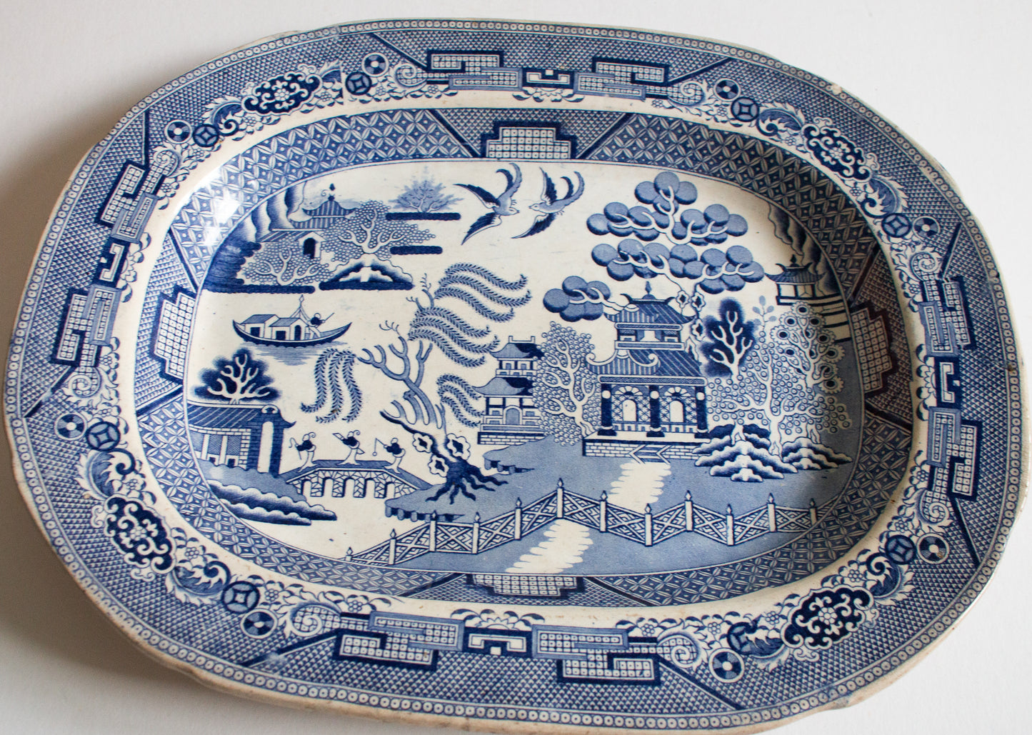 Antique Wood & Brownfield 'Willow' Pattern Blue and White Transferware 15.5" Serving Platter