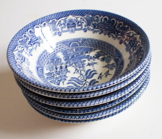 English Ironstone Tableware 'Willow' Pattern Blue and White Transferware Dessert or Cereal Bowls (6)