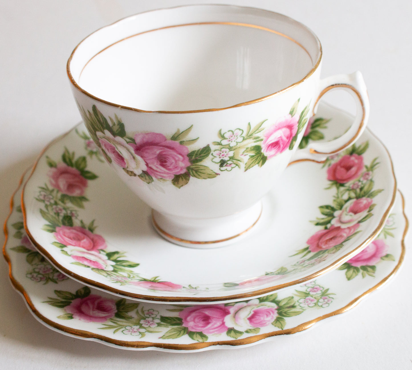 Colclough Bone China, Pink Floral Rose Pattern Teacup Trio