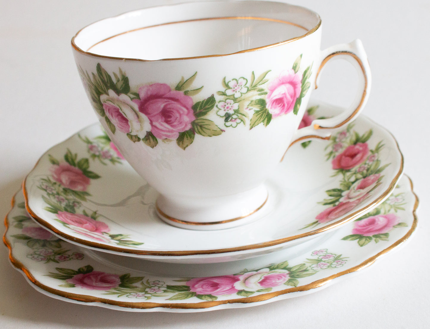 Colclough Bone China, Pink Floral Rose Pattern Teacup Trio