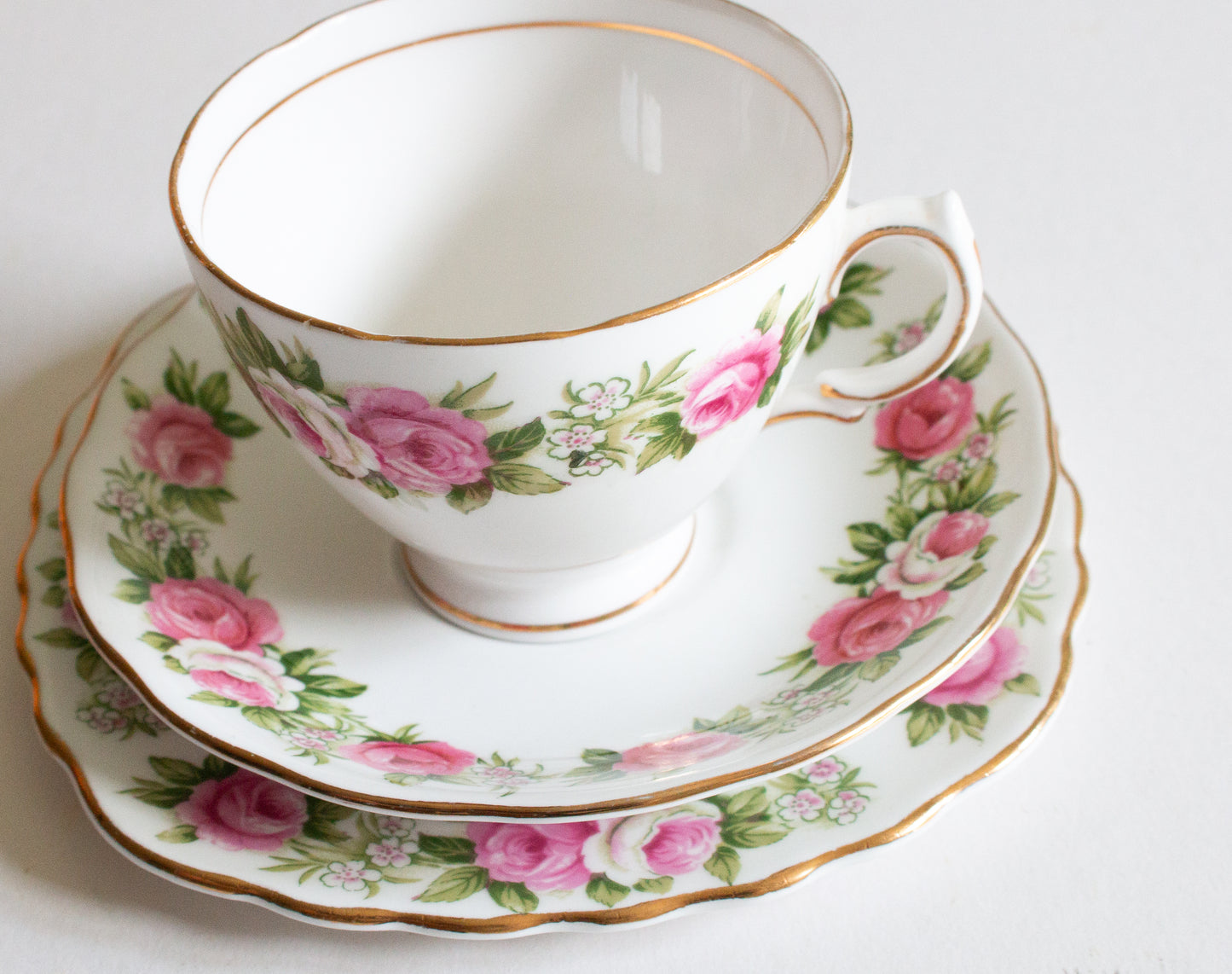 Colclough Bone China, Pink Floral Rose Pattern Teacup Trio