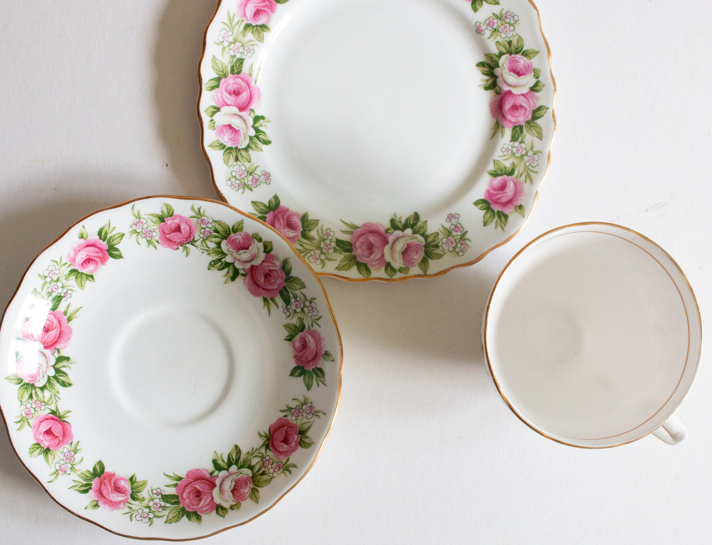 Colclough Bone China, Pink Floral Rose Pattern Teacup Trio