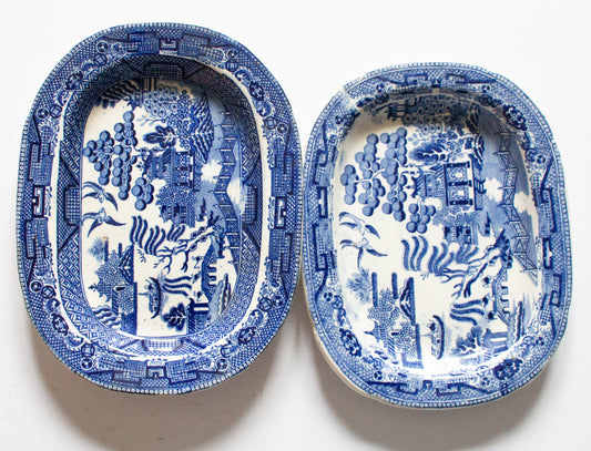 Antique Miniature Willow Pattern Blue and White Transferware Serving Platters (2)
