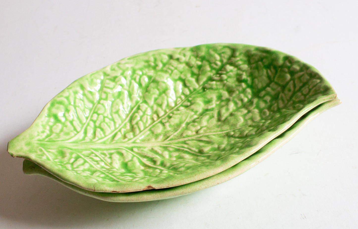 Vintage Majolica Green Leaf Dishes (2)