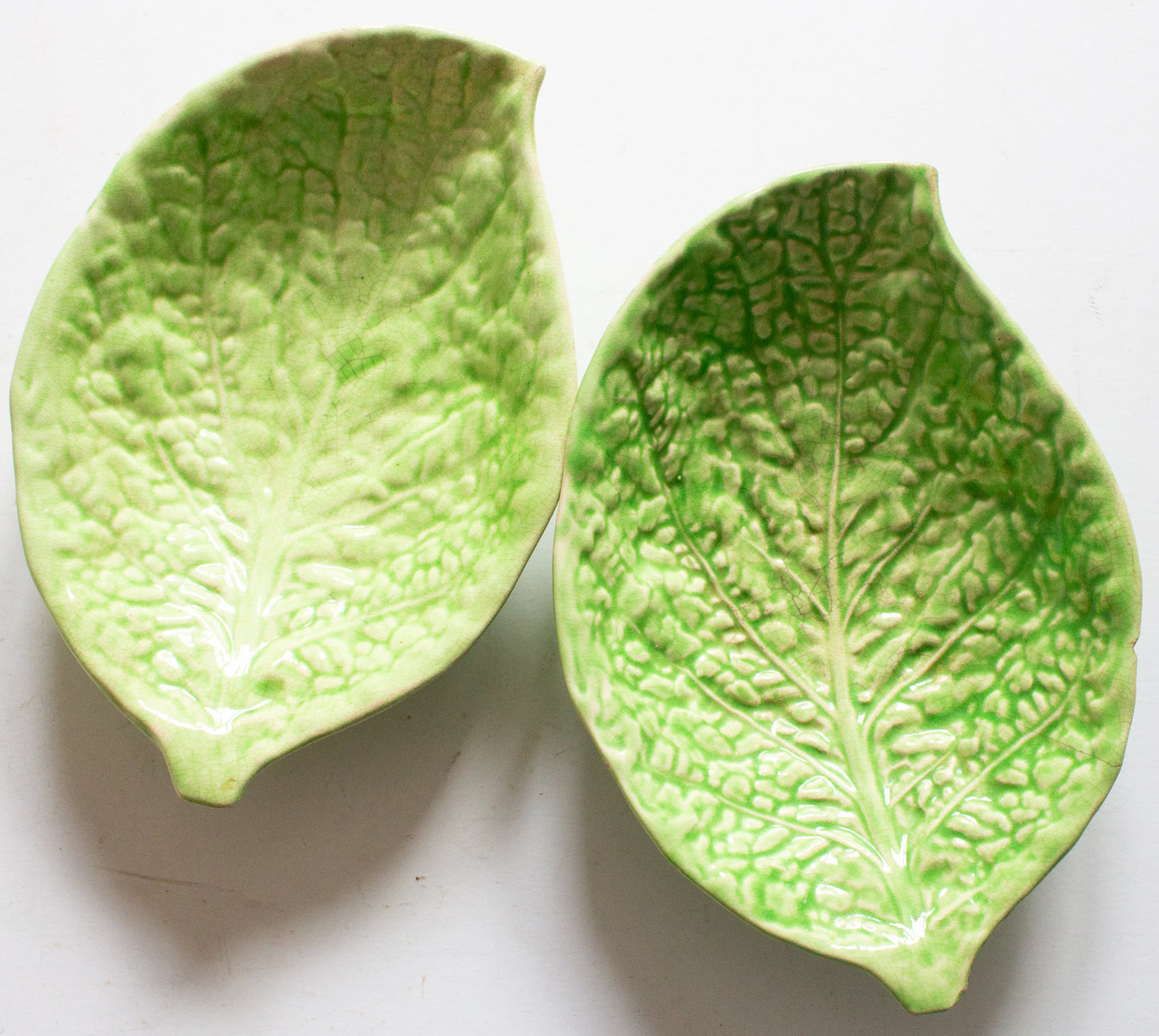 Vintage Majolica Green Leaf Dishes (2)