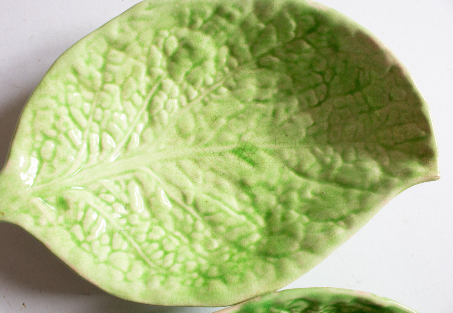 Vintage Majolica Green Leaf Dishes (2)