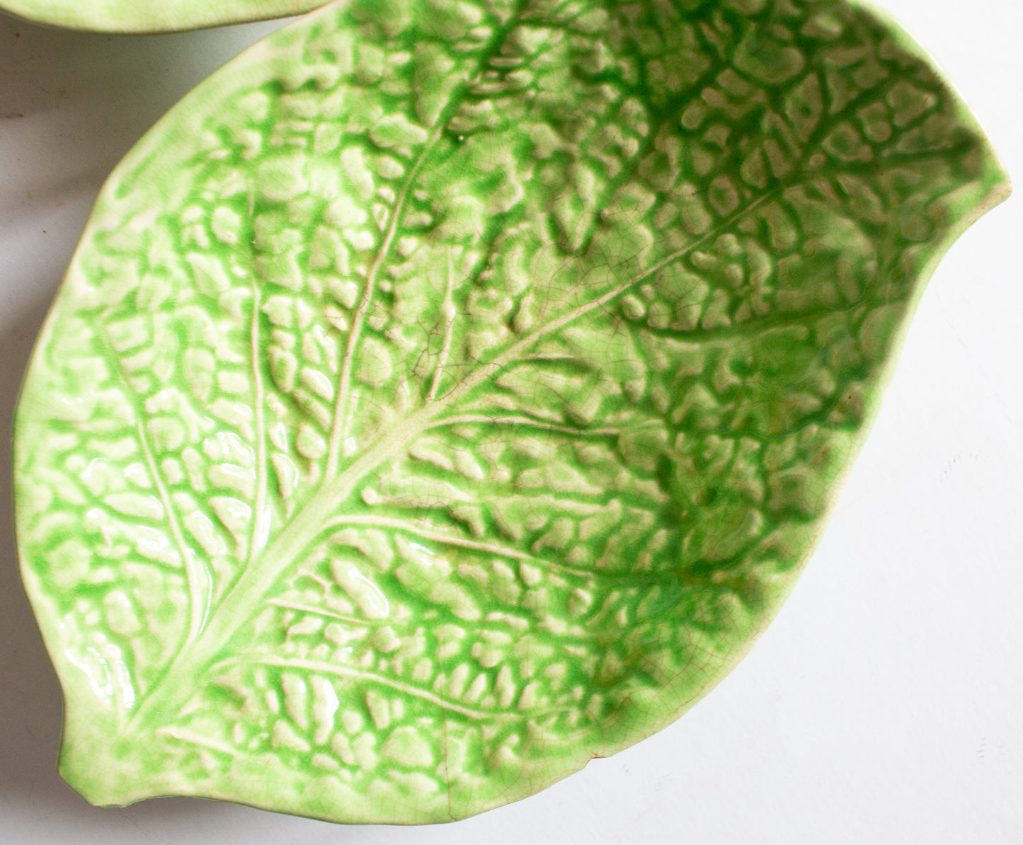 Vintage Majolica Green Leaf Dishes (2)