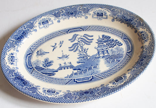 Vintage Small 'Willow' Pattern Blue and White Transferware 11.25" Serving Platter