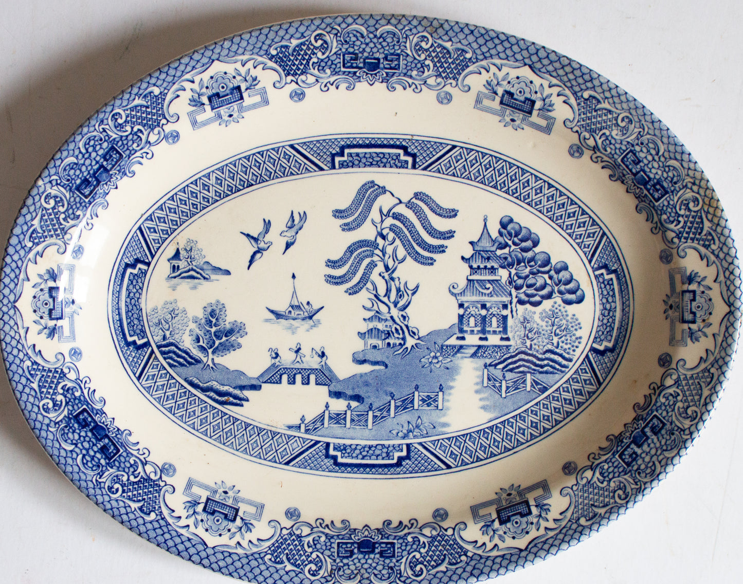 Vintage Small 'Willow' Pattern Blue and White Transferware 11.25" Serving Platter
