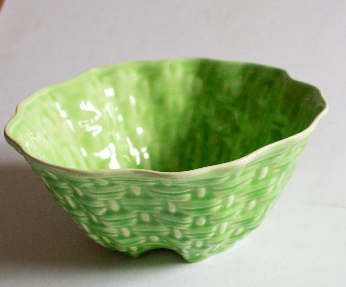 Vintage Green Majolica Basket Weave Small Serving Bowl,
