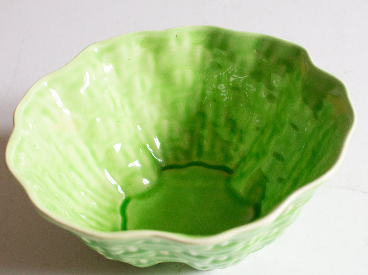 Vintage Green Majolica Basket Weave Small Serving Bowl,