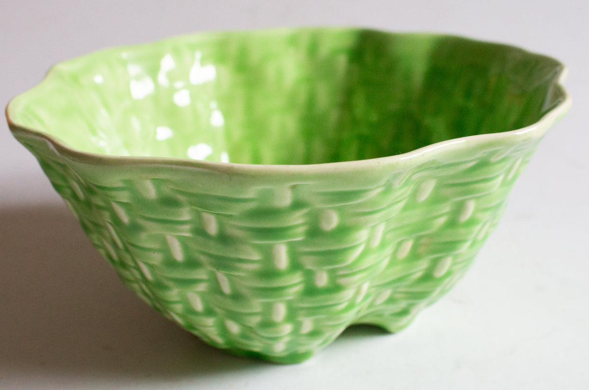 Vintage Green Majolica Basket Weave Small Serving Bowl,