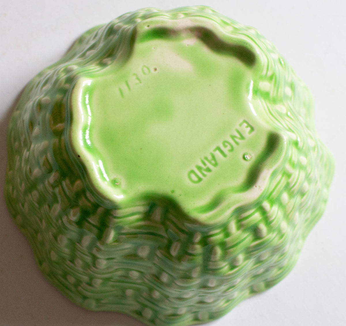 Vintage Green Majolica Basket Weave Small Serving Bowl,