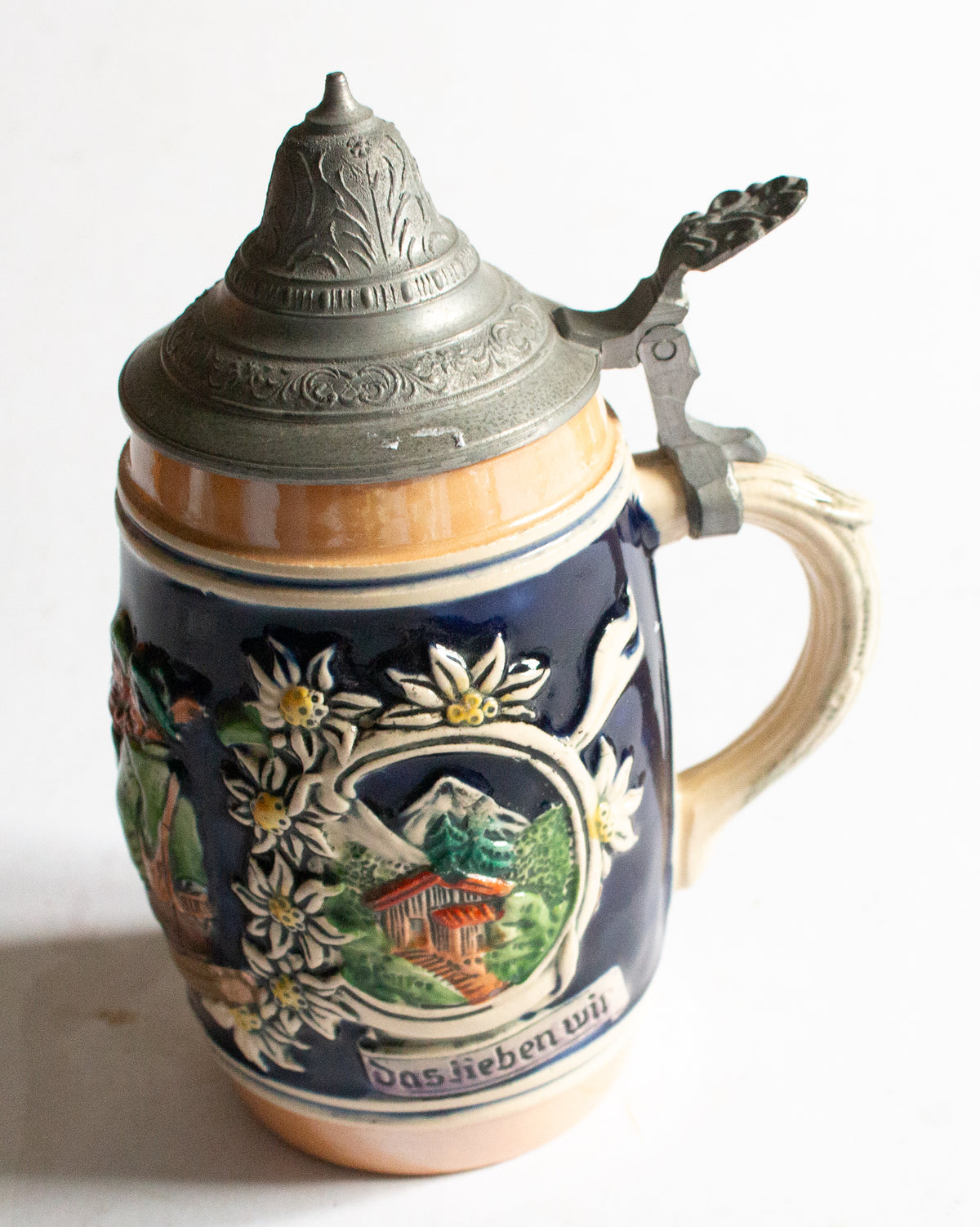 Mid Century German Beer Stein Tankard with Original Pewter Lid