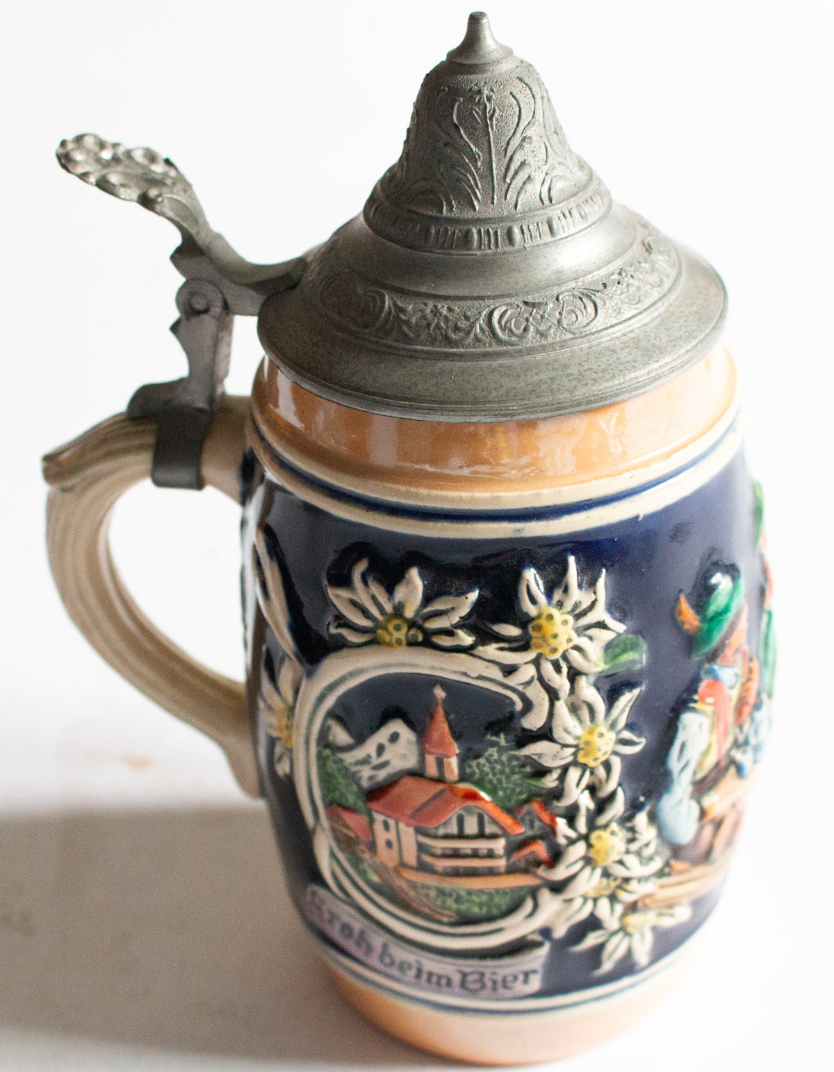 Mid Century German Beer Stein Tankard with Original Pewter Lid