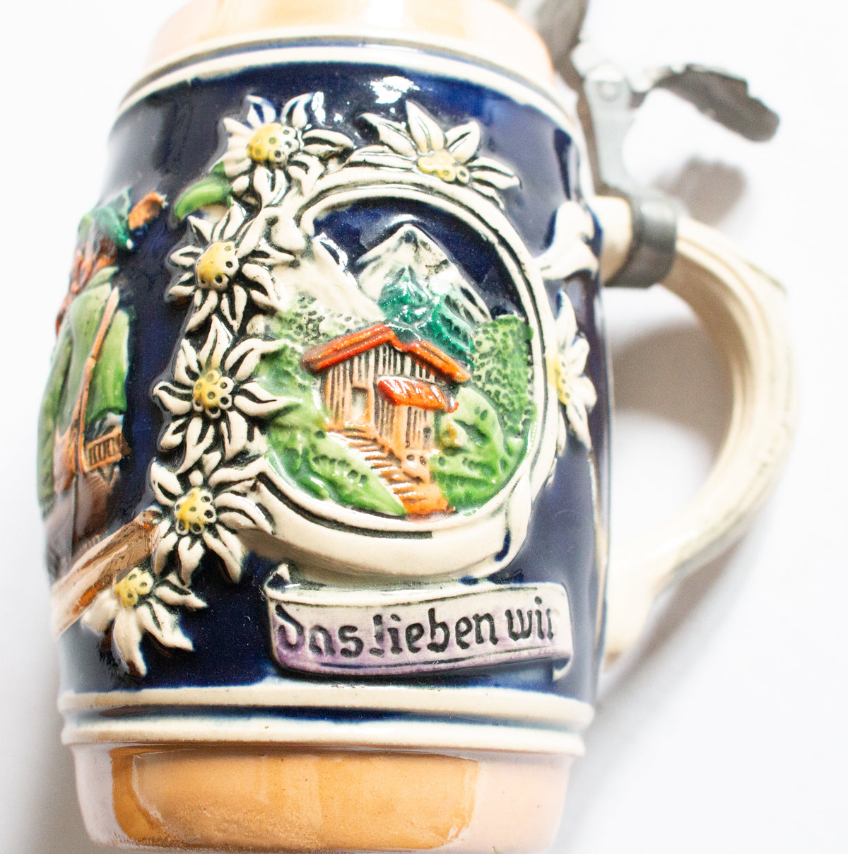 Mid Century German Beer Stein Tankard with Original Pewter Lid