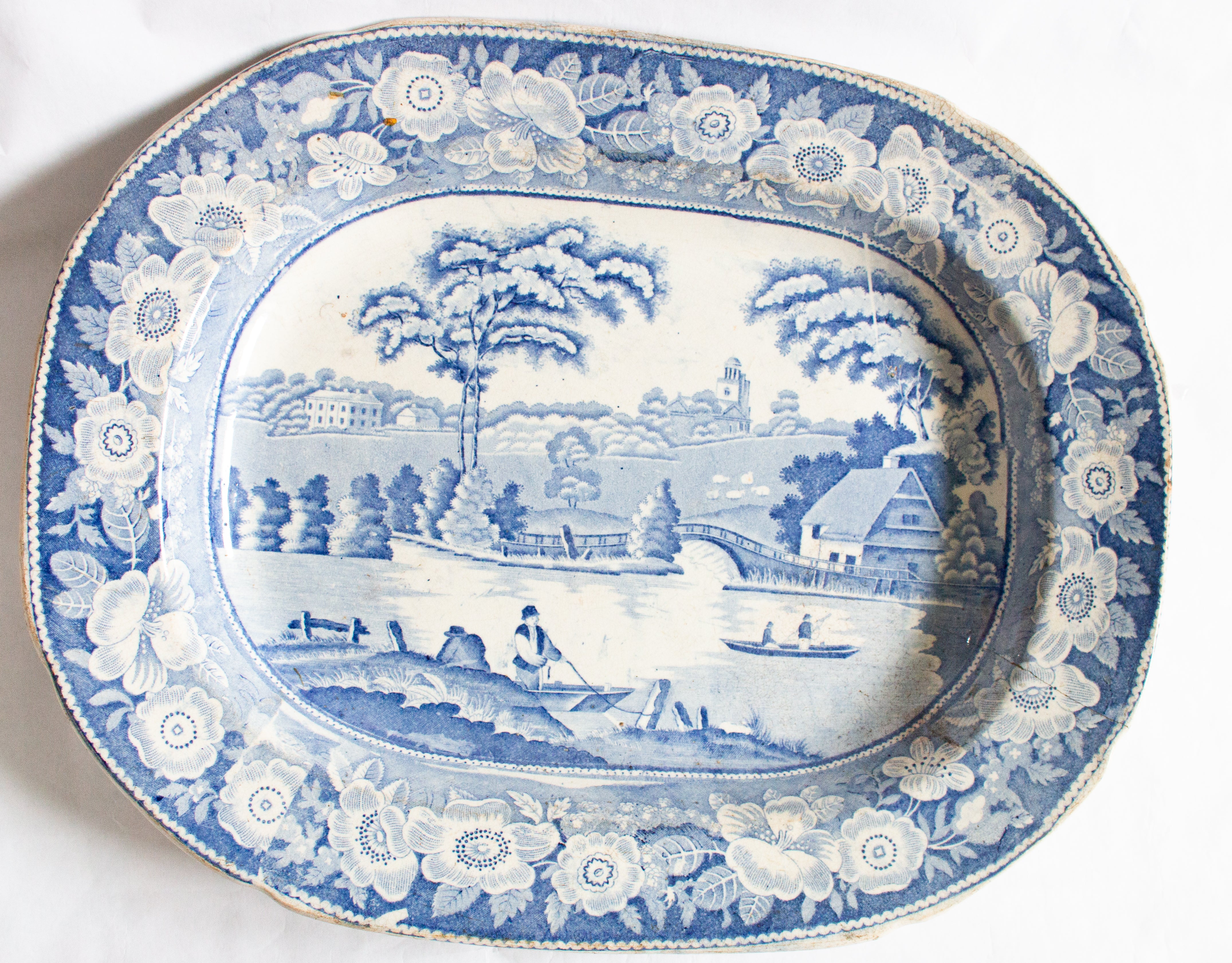 Blue Transferware Patterns Large Antique 'Fisherman' Pattern Blue and White Transferware Serving ...
