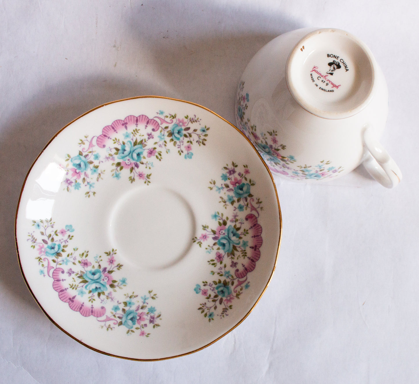 Gainsborough Bone China Pastel Pink and Blue Floral Teacup and Saucer