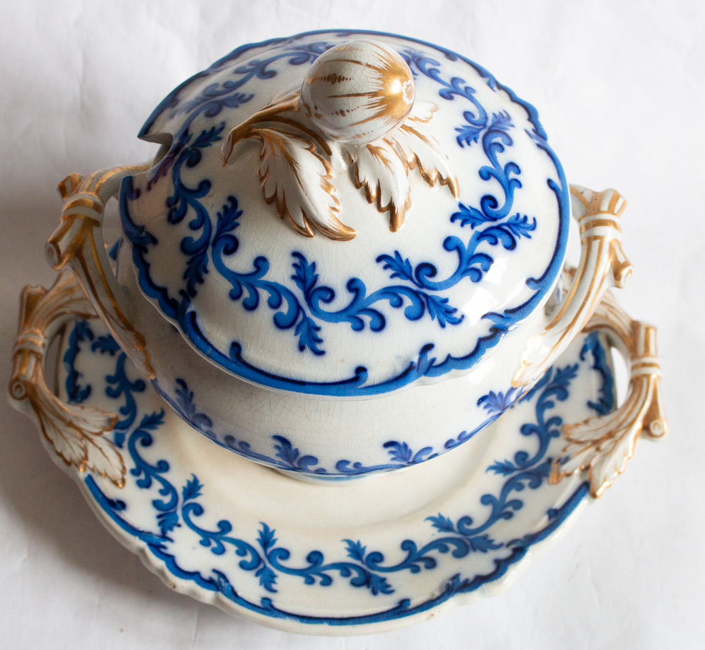 Antique Ornate Blue and White Transferware Flow Blue Small Tureen with Gilt and Moulded Details